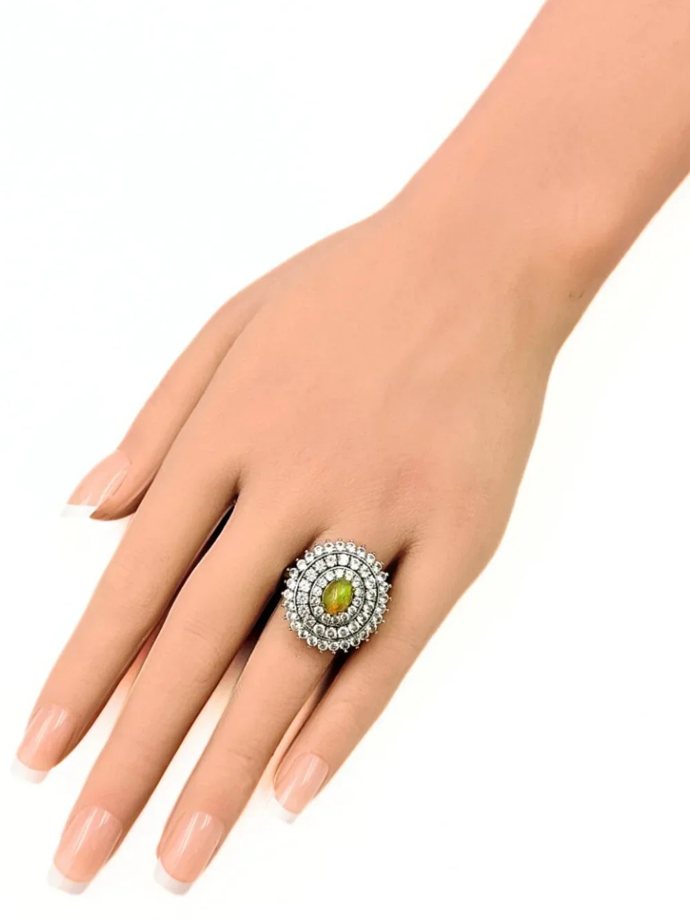 Contemporary Marked Sterling Silver 3 Halo Lab Opal Topaz Cocktail Ring Sz 10.75